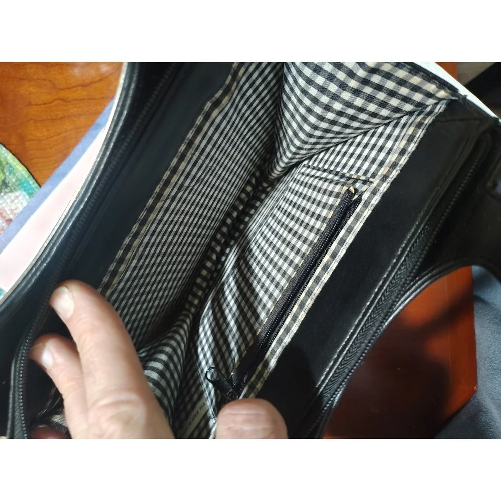 Vintage Style Marbled Handbag Black Cream Gingham Lining Top Handle Bag